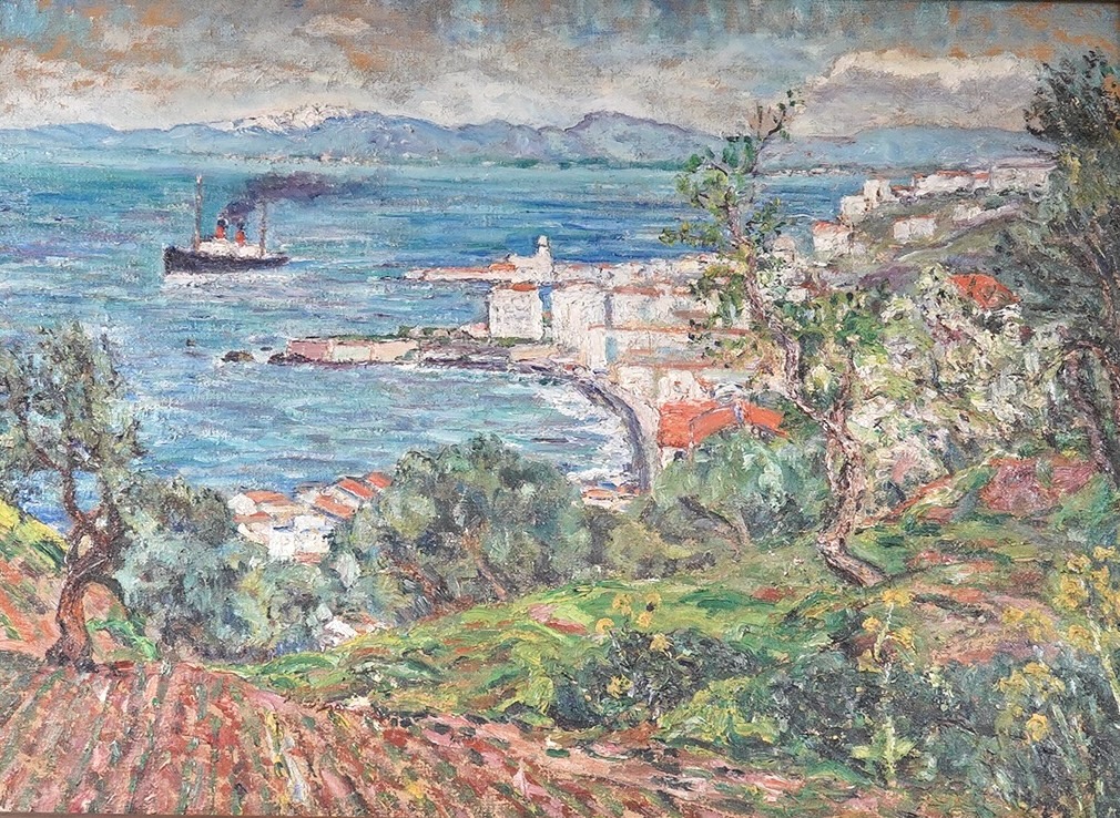 20th century, French impressionist oil on canvas, Continental coastal view with steamship, unsigned, 45 x 62cm. Condition - fair with some paint loss